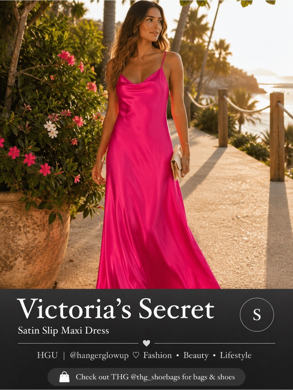 Victoria’s Secret Hot Pink Satin Slip Maxi Dress Cowl Back NWT Size S
